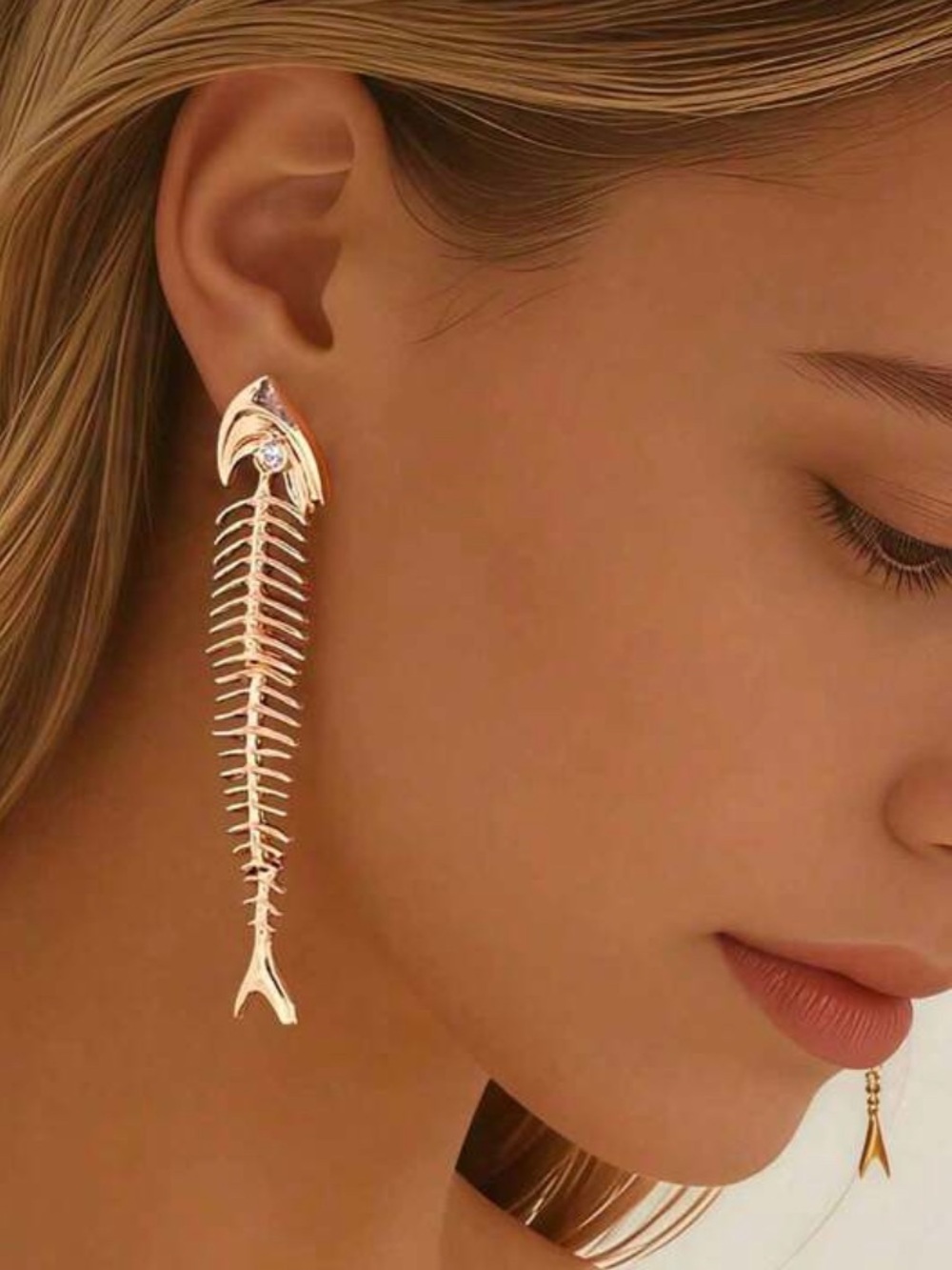 Gold CZ Fishbone Drop Long Earrings
